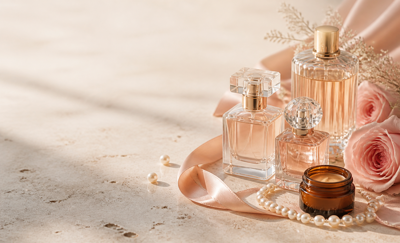 Frascos de perfume e rosas em uma composição elegante